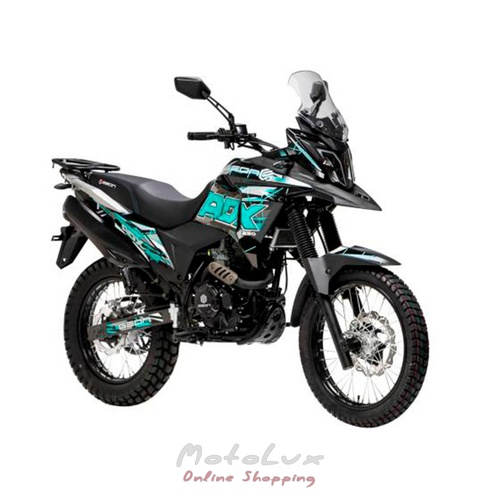 Geon ADX 250 touring motorcycle, black with turquoise, 2024