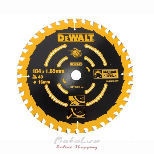 Диск пилковий DeWALT DT10303, 184 на 16 мм, 40 зубів, кут заточування 18 градусів, геометрія зуба WZ, ATB